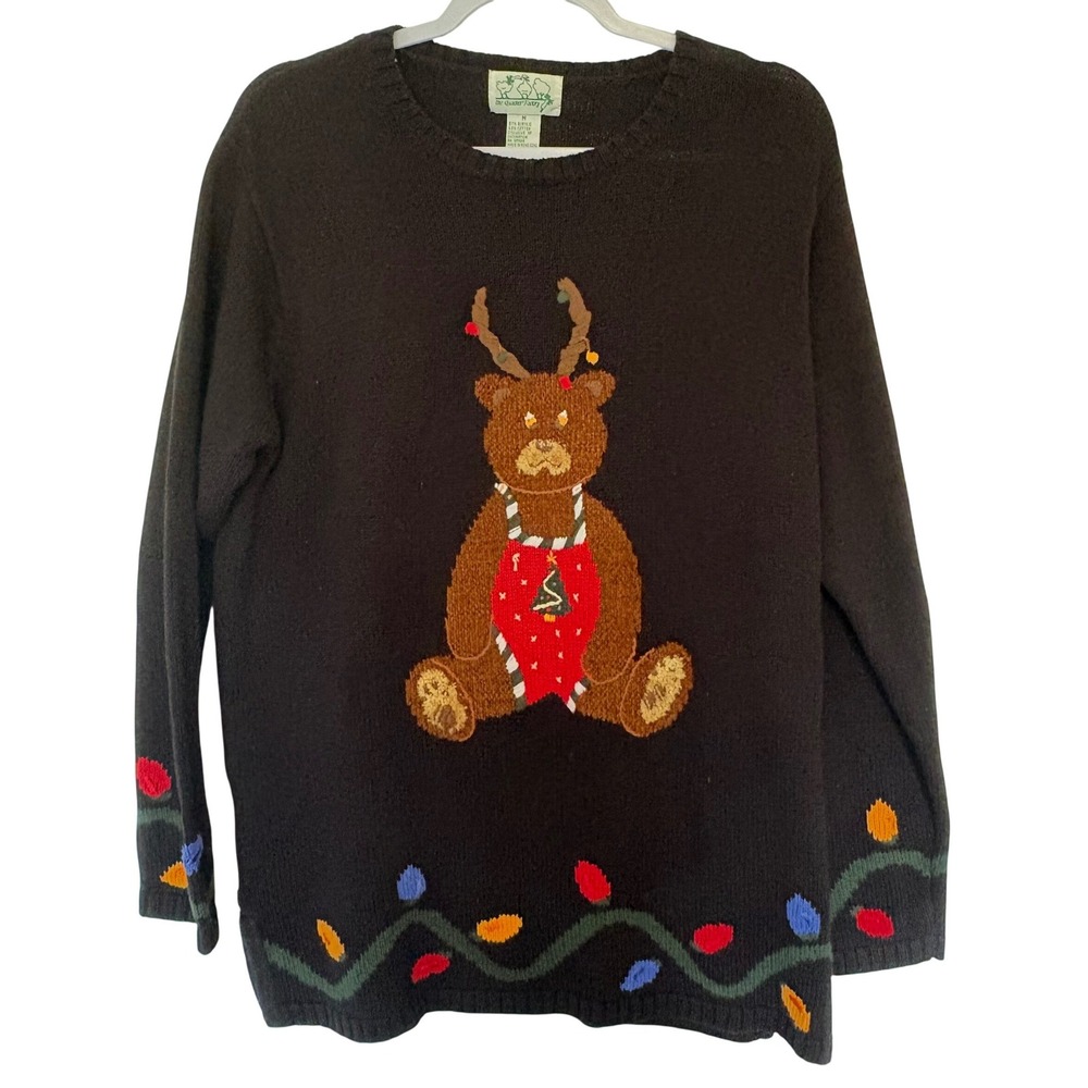 Vtg Quacker Factory Christmas Bear Tunic Sweater Cozy Coquette Kawaii 90s M